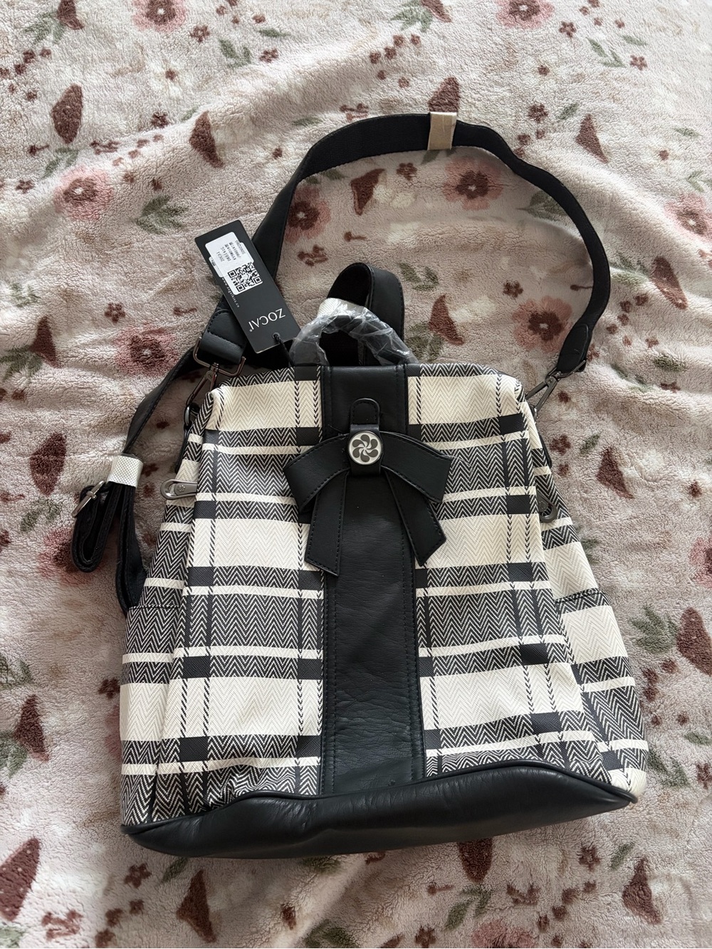 Black & White Plaid Women’s Backpack Purse with Bow Accent
